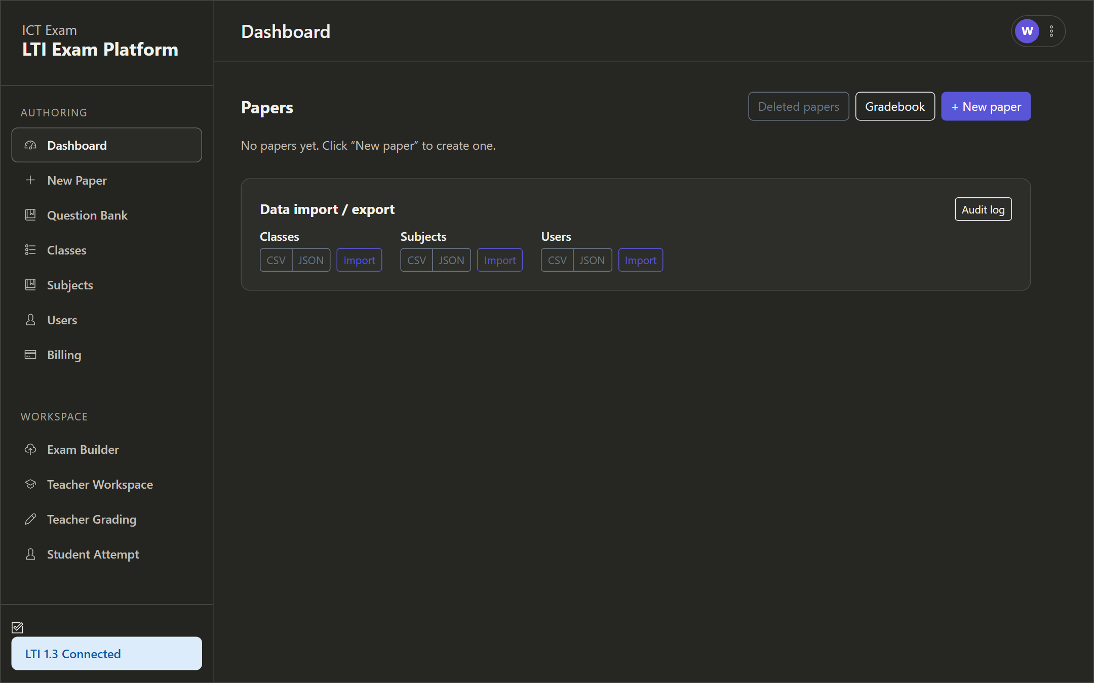 Tenant admin dashboard listing papers with import-export and audit shortcuts