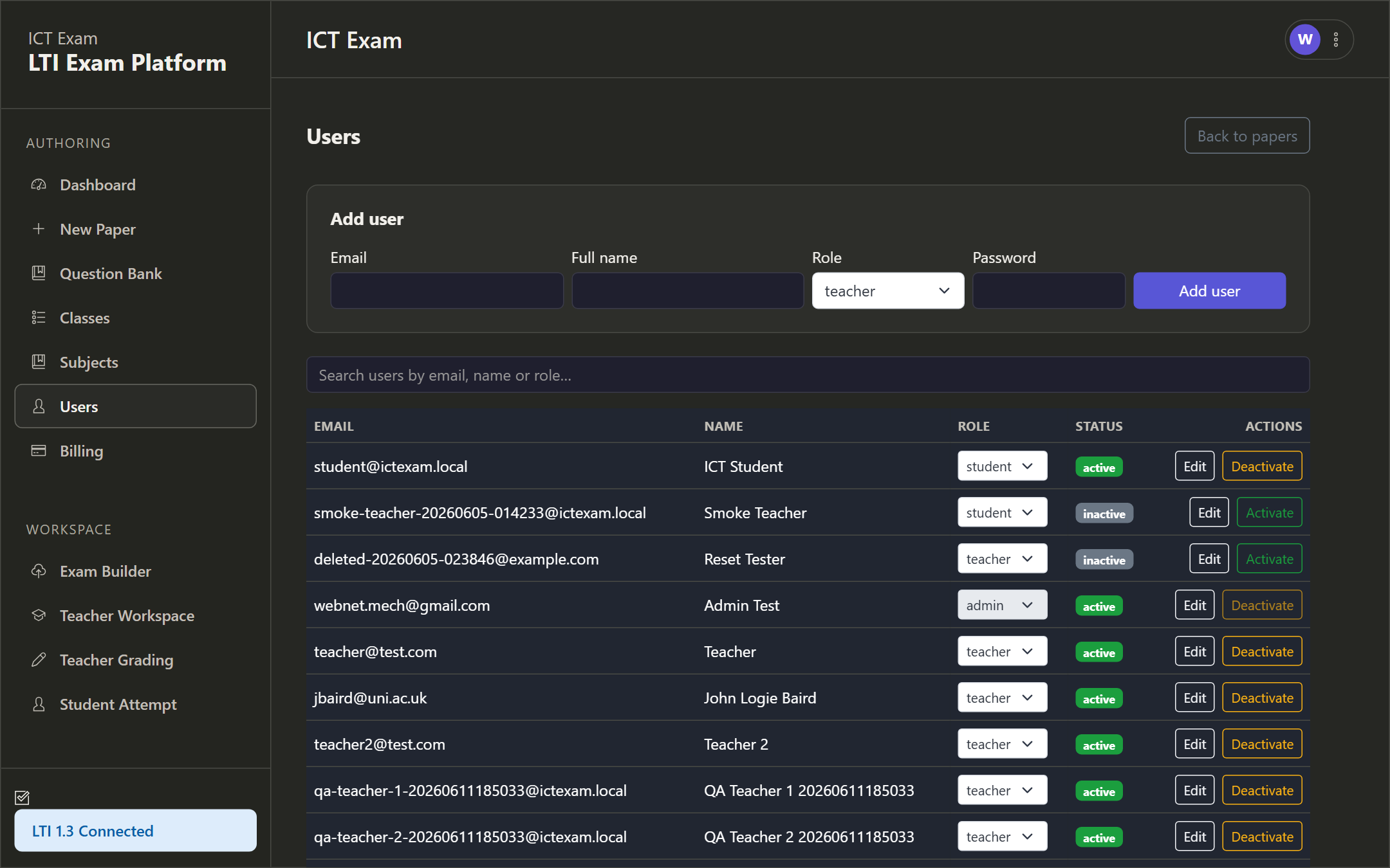 Users management screen with add-user form and user list
