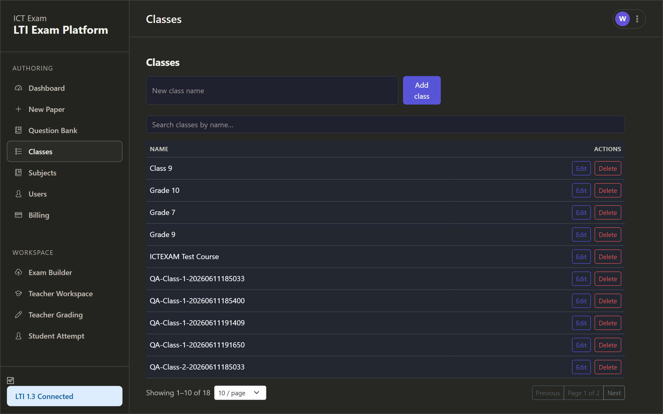 Classes management page