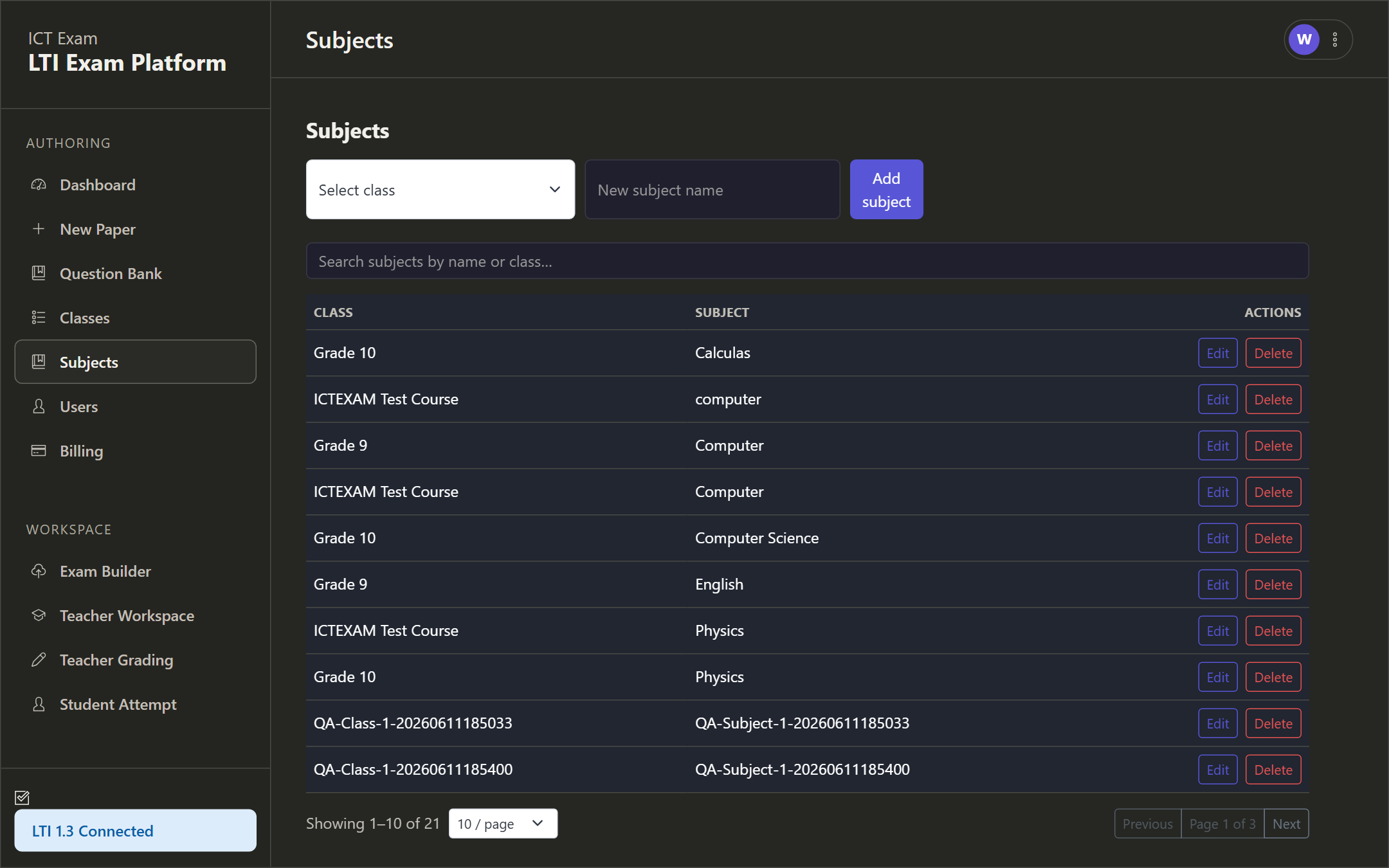 Subjects management page