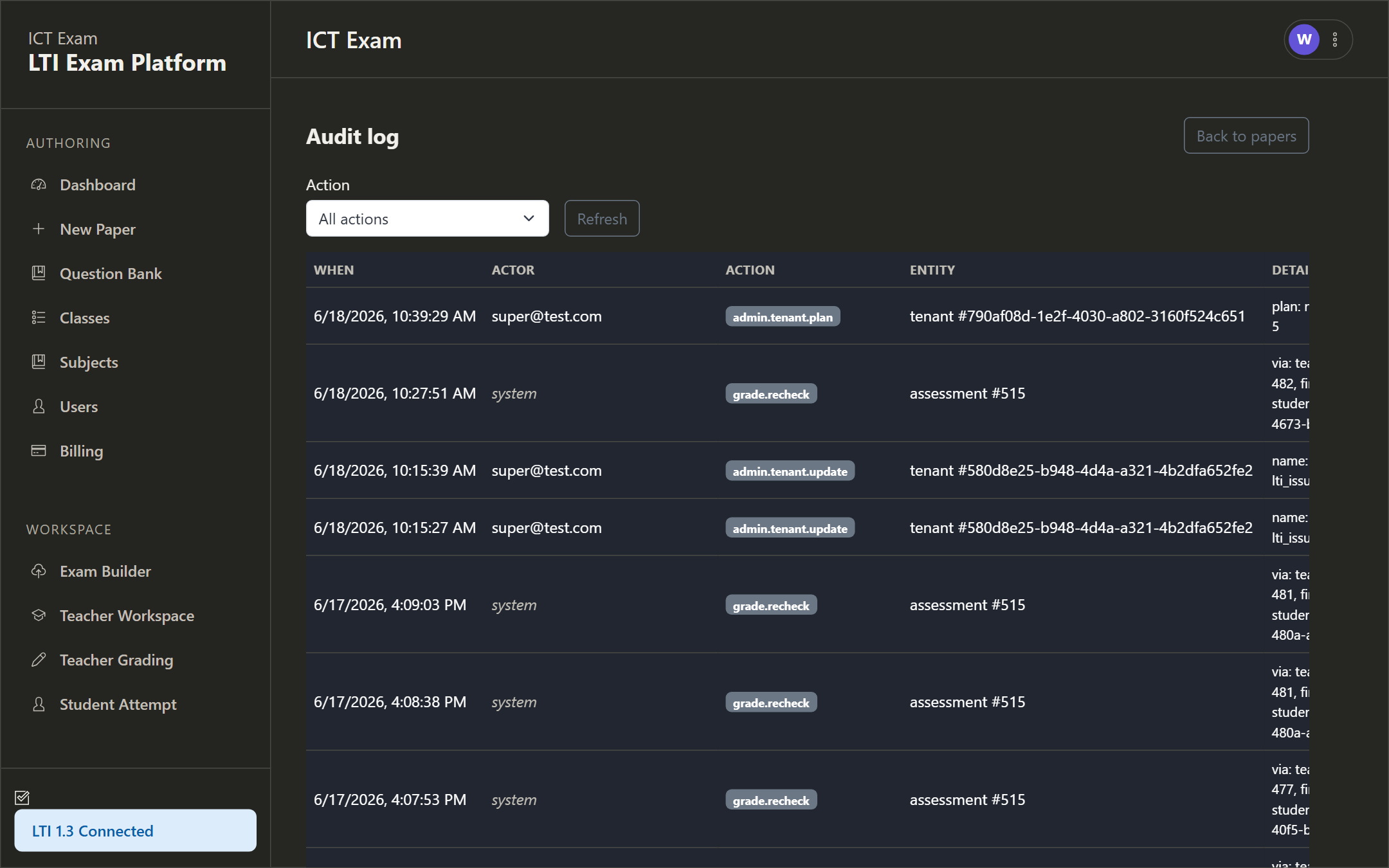 Audit log listing administrative actions chronologically