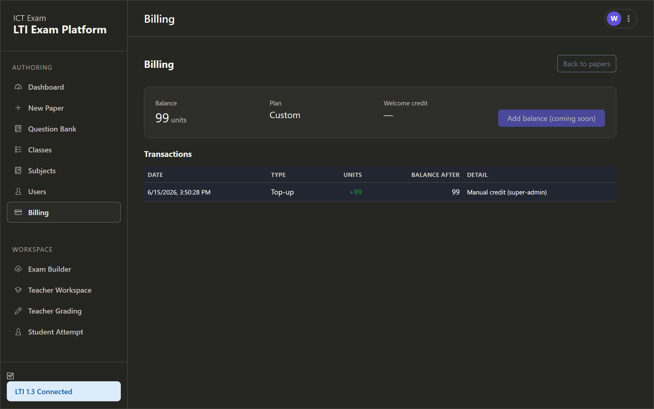 Billing page showing balance, plan and transaction ledger