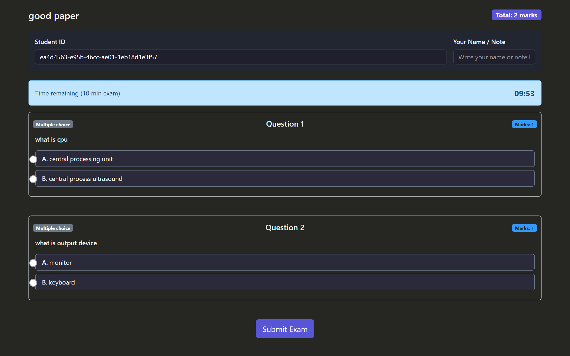 Student exam screen showing a multiple choice question and a countdown timer