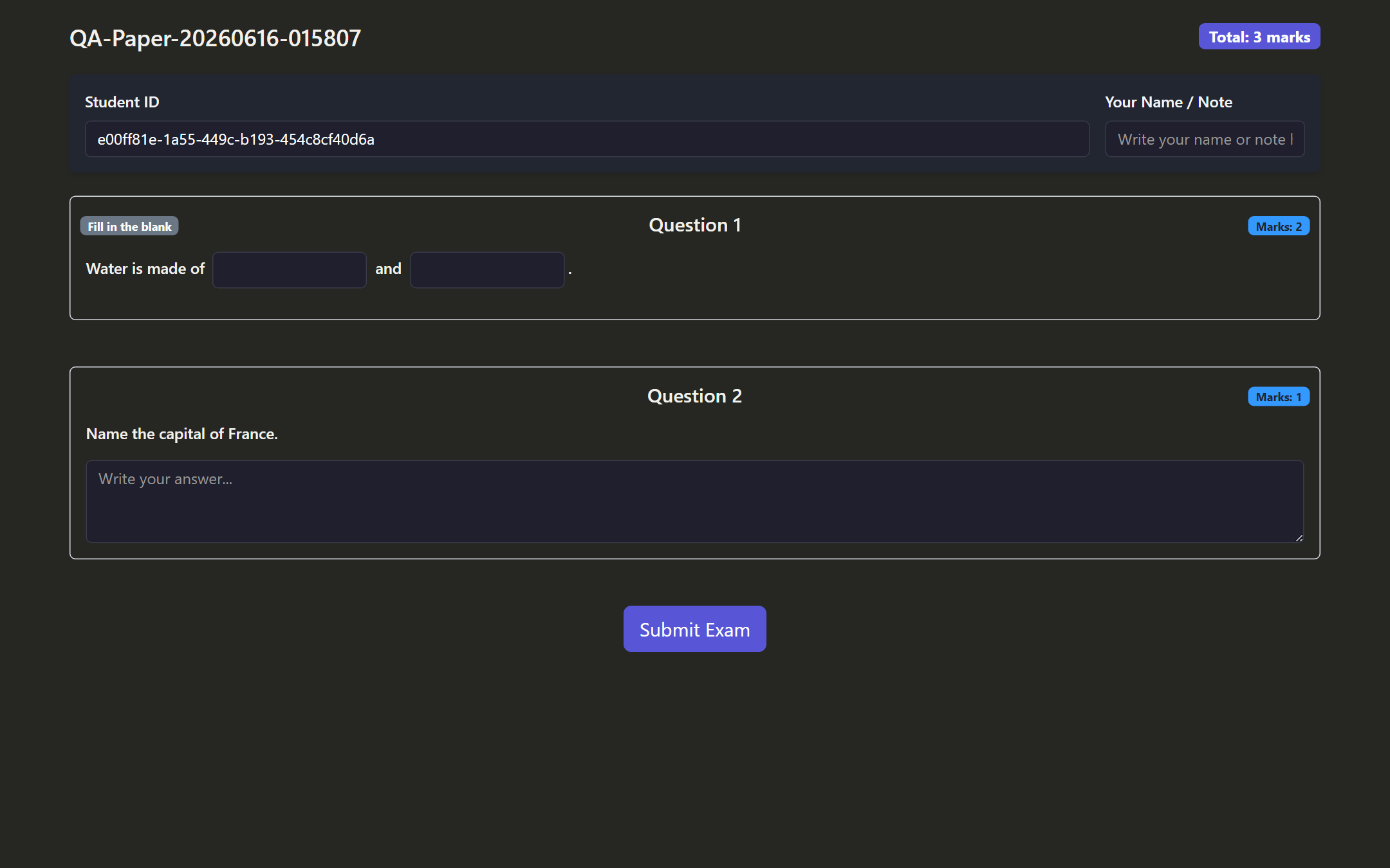 Student exam screen showing a fill-in-the-blank question and a short answer box