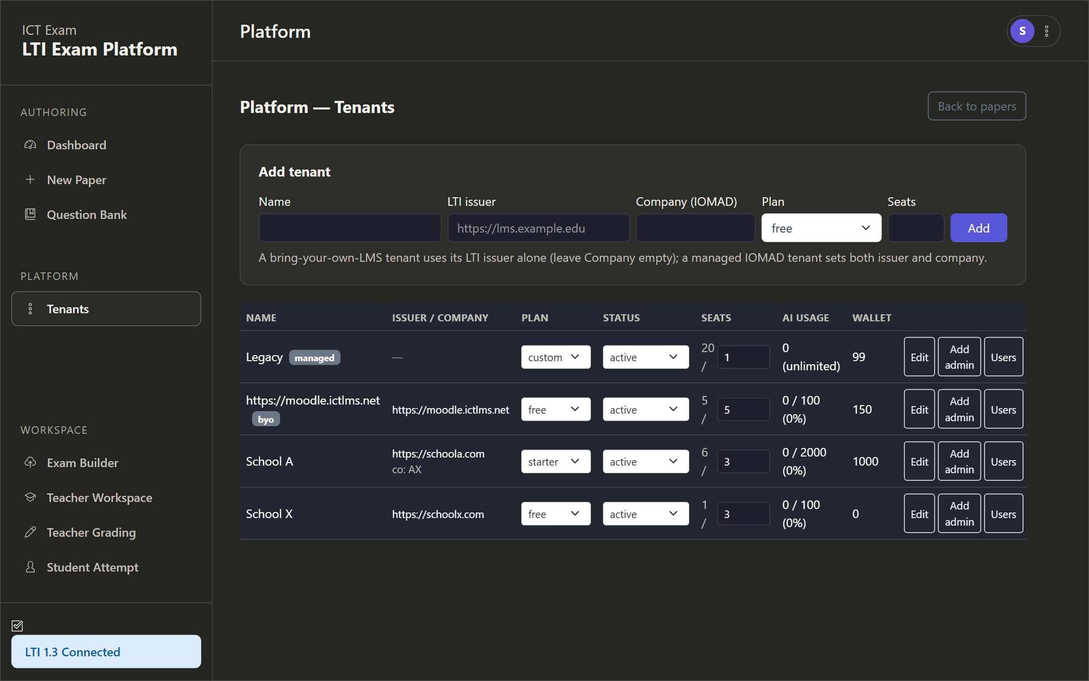 Platform tenants console showing the add-tenant form and tenants table