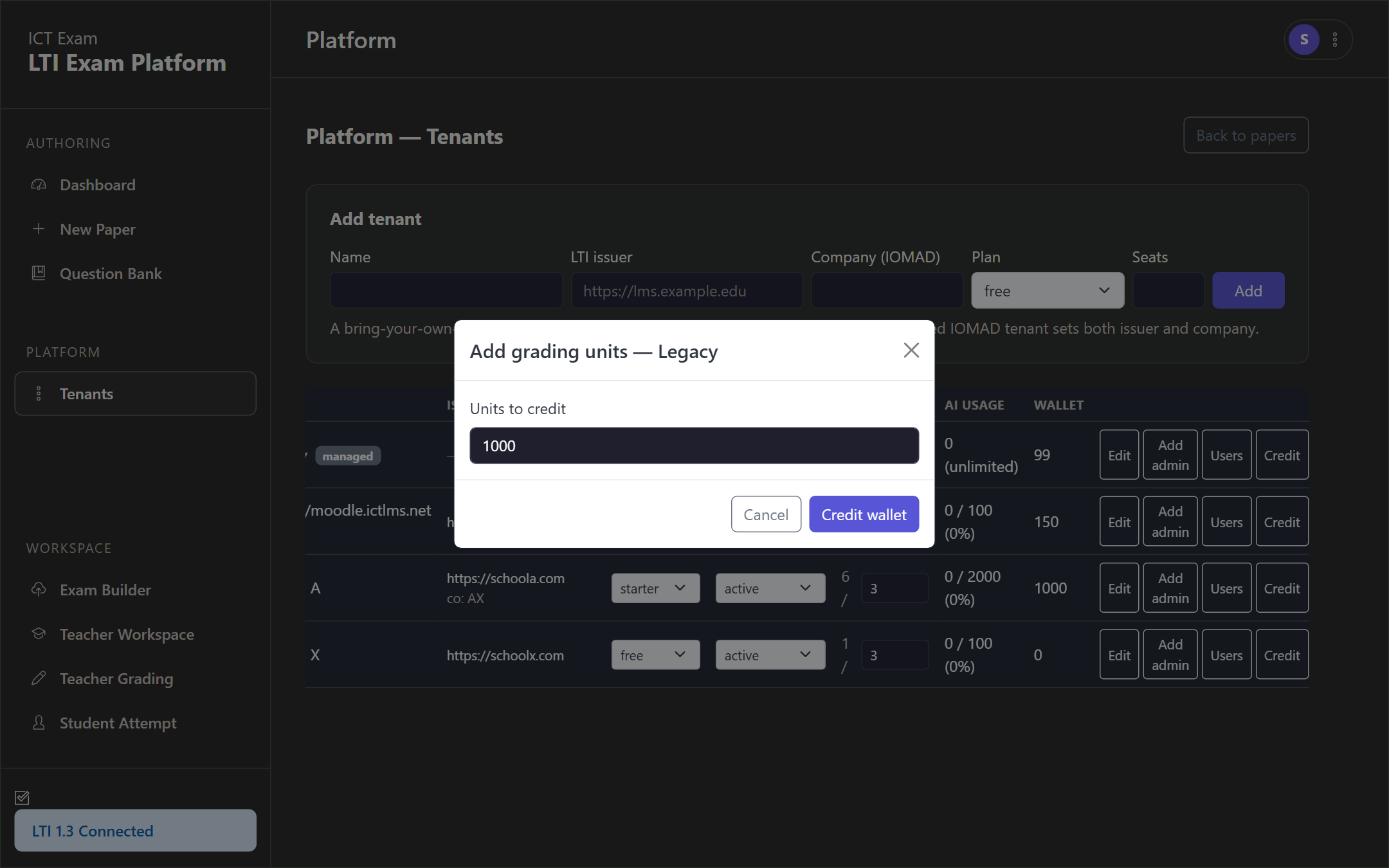 Add grading units dialog for crediting a tenant wallet