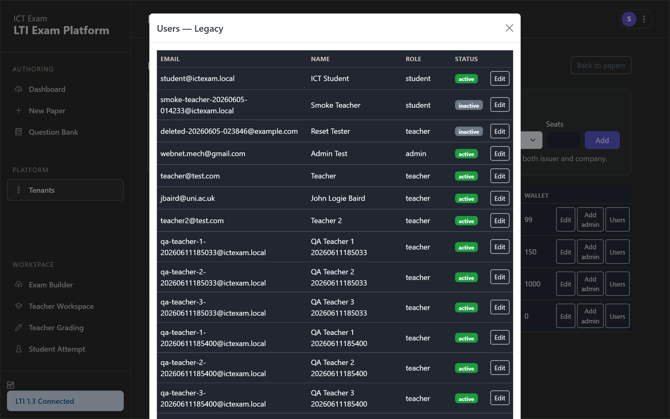Manage tenant users dialog inside the platform console
