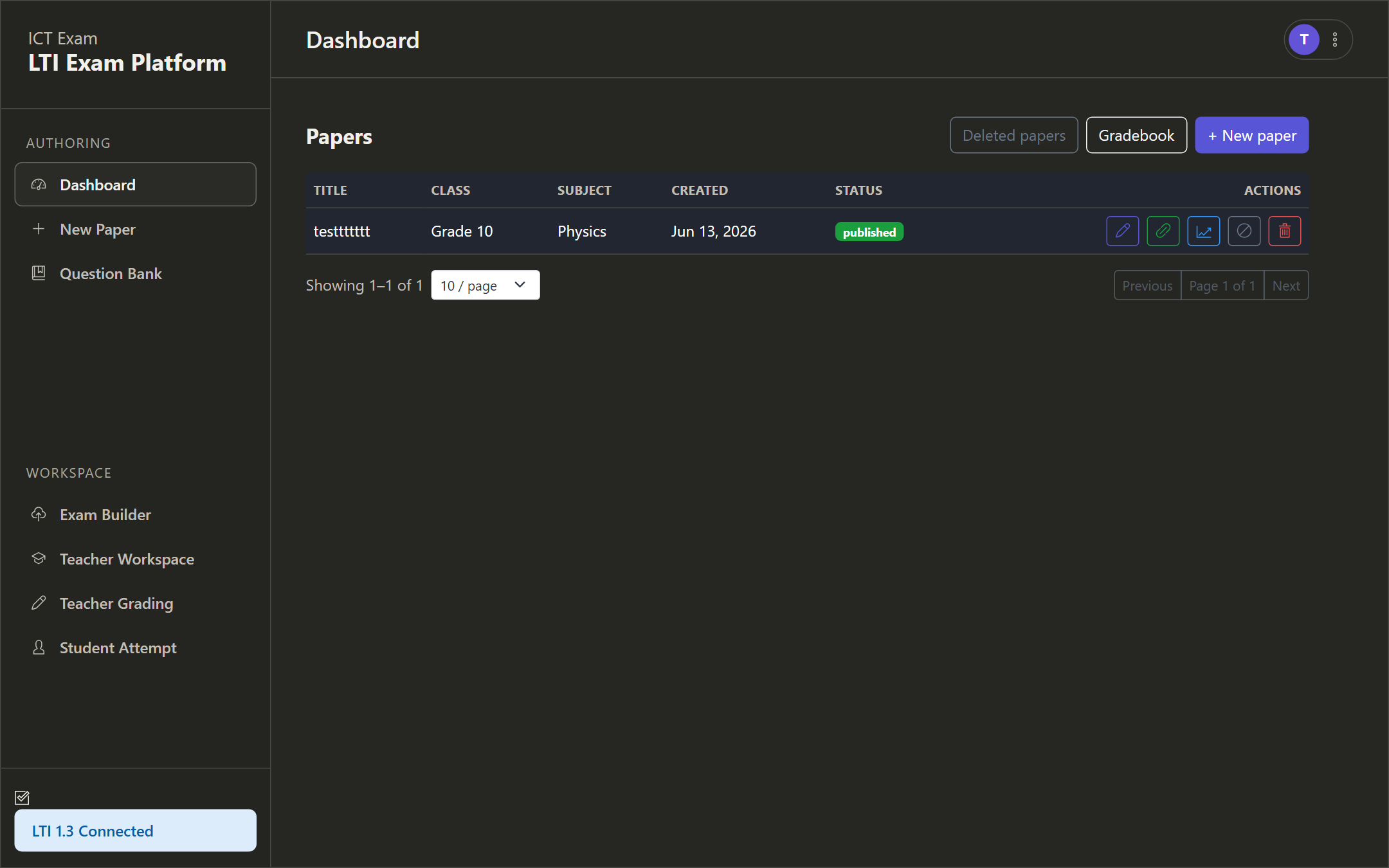 Teacher dashboard listing papers with new-paper and gradebook actions
