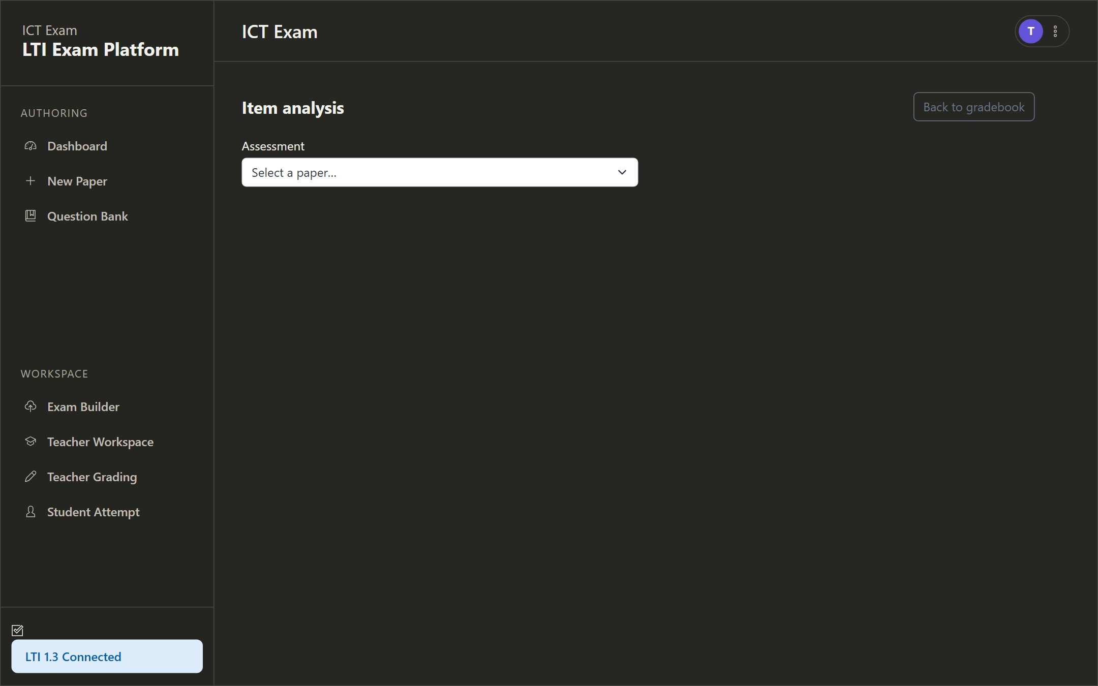 Item analysis with per-question difficulty and discrimination