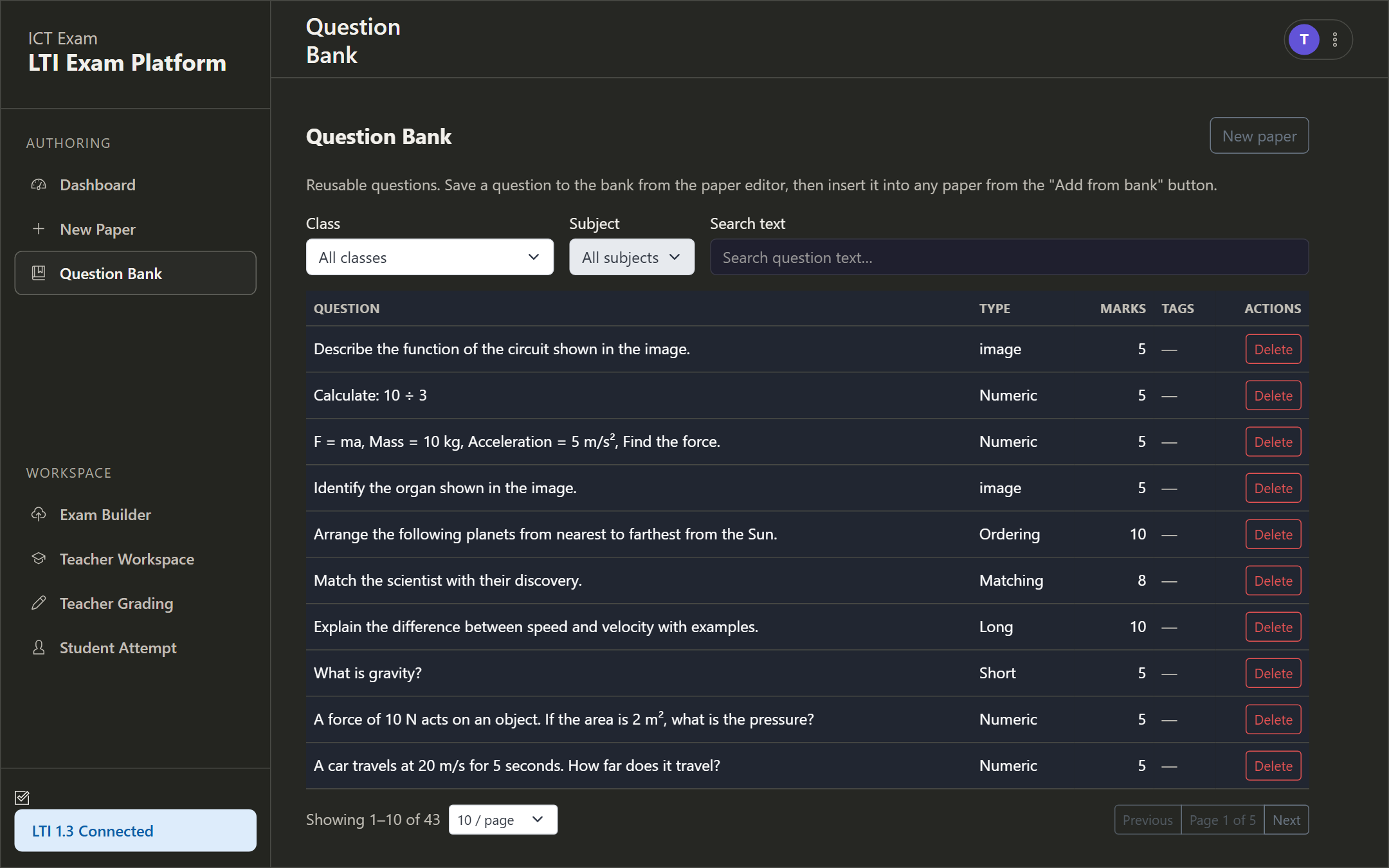 Question bank with filters and a paginated list of questions
