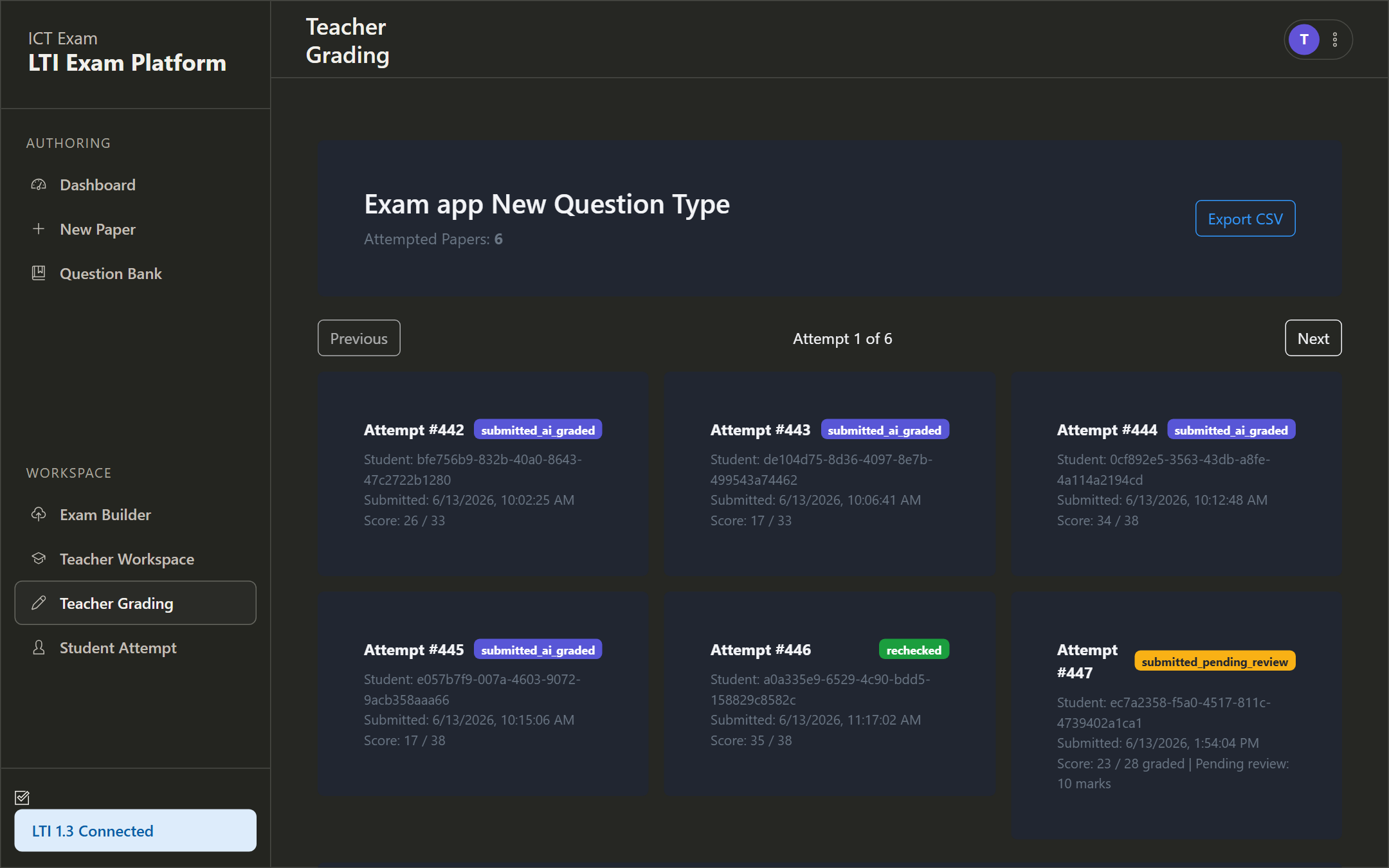 Teacher grading screen with attempt cards and status badges