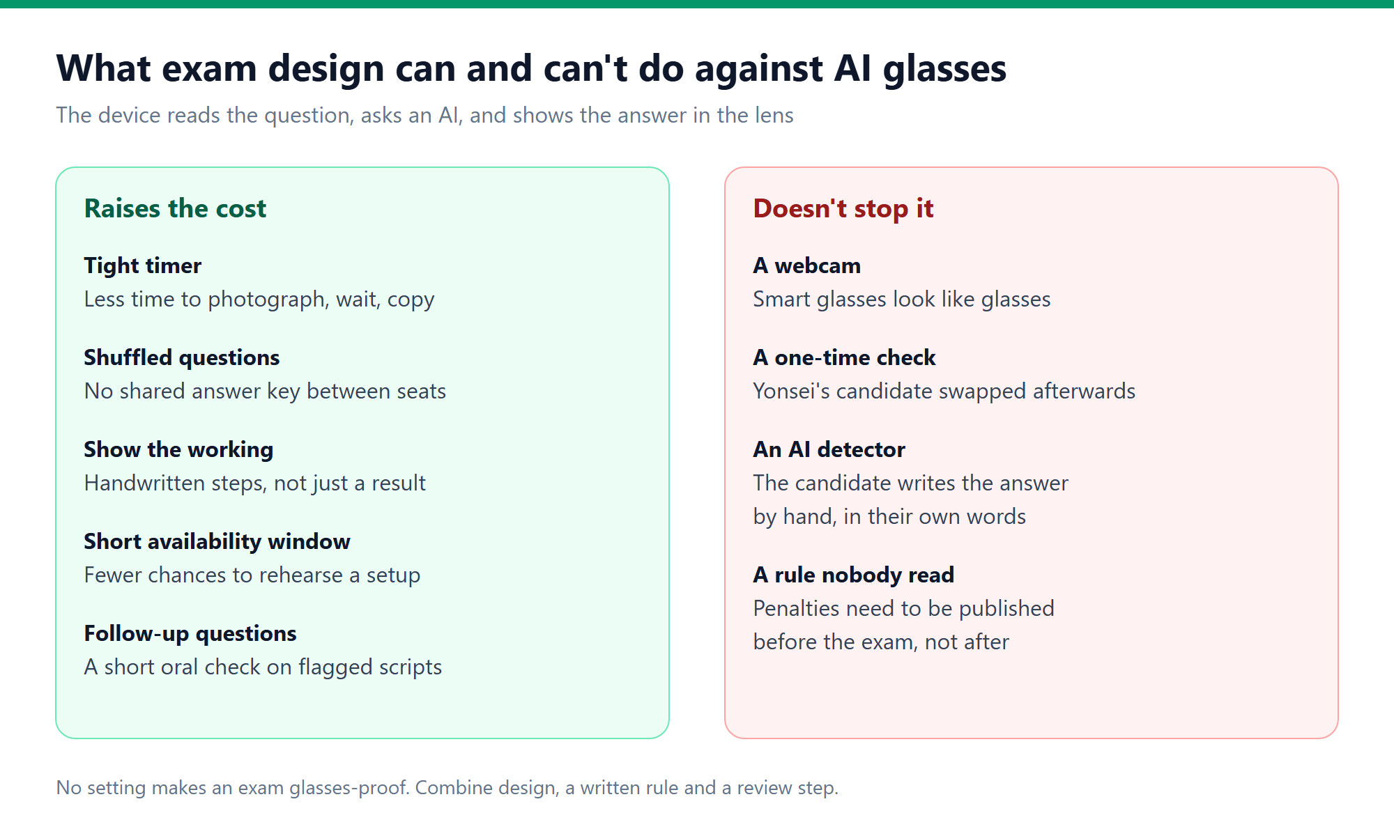 Comparison of exam design choices that raise the cost of AI smart glasses cheating, such as timers, shuffled questions and shown working, against measures that do not stop it, for a smart online exam